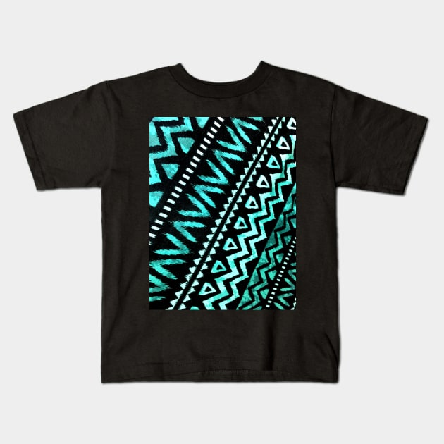 1980s boho chic tropical tribal pattern textile turquoise teal aztec Kids T-Shirt by Tina